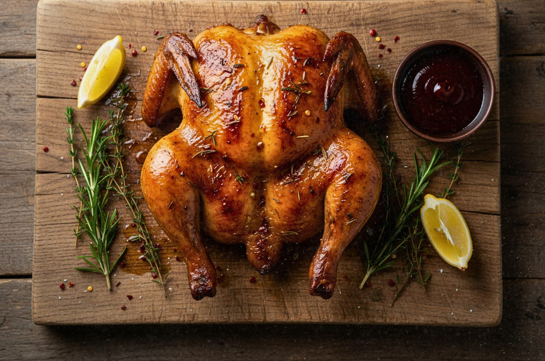 Smoked spatchcock chicken with crispy golden skin served on a wooden cutting board with lemon, rosemary, and BBQ sauce.