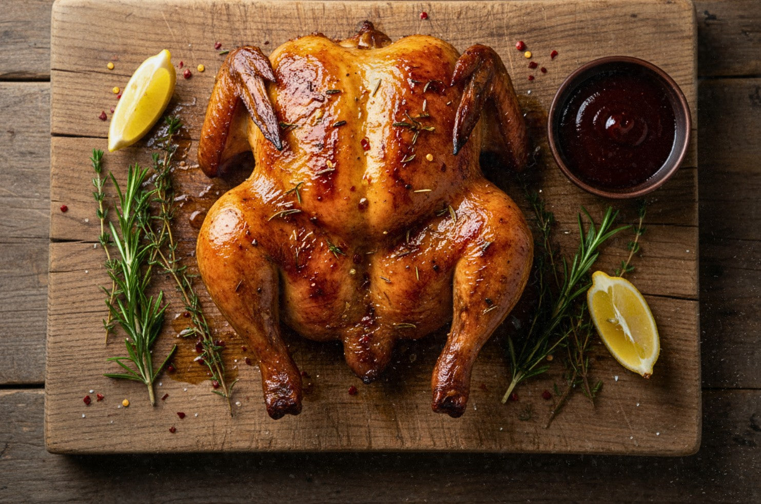 Smoked spatchcock chicken with crispy golden skin served on a wooden cutting board with lemon, rosemary, and BBQ sauce.