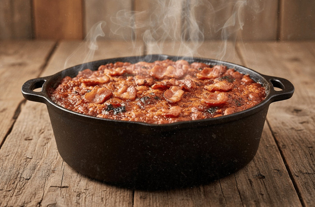 Smoked BBQ baked beans topped with crispy bacon in a cast iron Dutch oven with smoke rising from the dish.