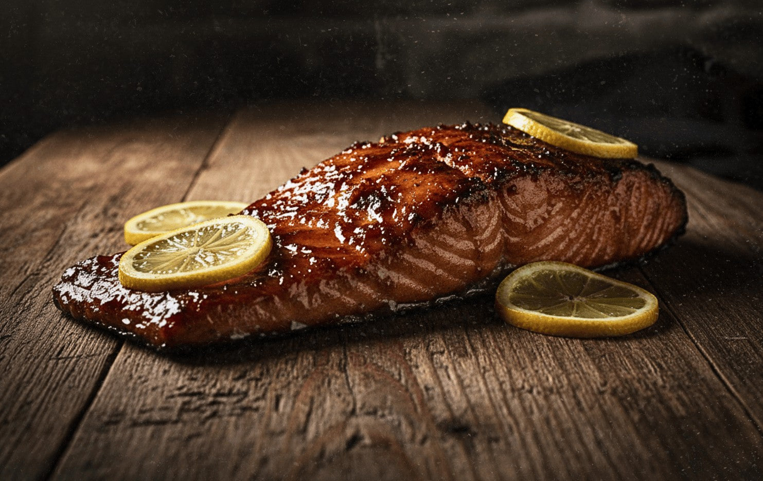 Smoked bourbon glazed salmon fillet with caramelized BBQ glaze and fresh lemon slices on a rustic wooden table.