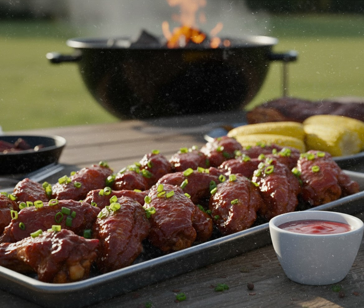 Smoked BBQ chicken wings coated in sauce beside a bottle of Blazin’ Battle BBQ Sauce and dipping sauce outdoors near a grill.