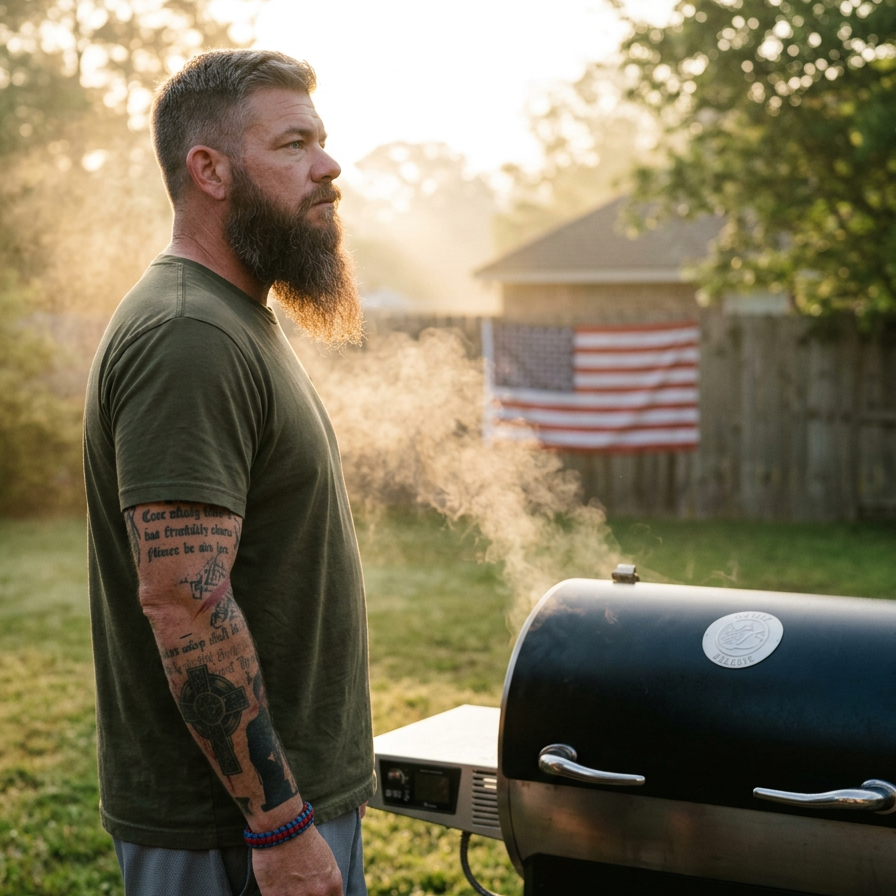 Veteran standing next to smoker on Memorial Day
