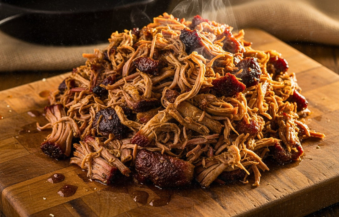 Pile of smoked pulled pork with bark pieces on a wooden cutting board with steam rising from the meat.