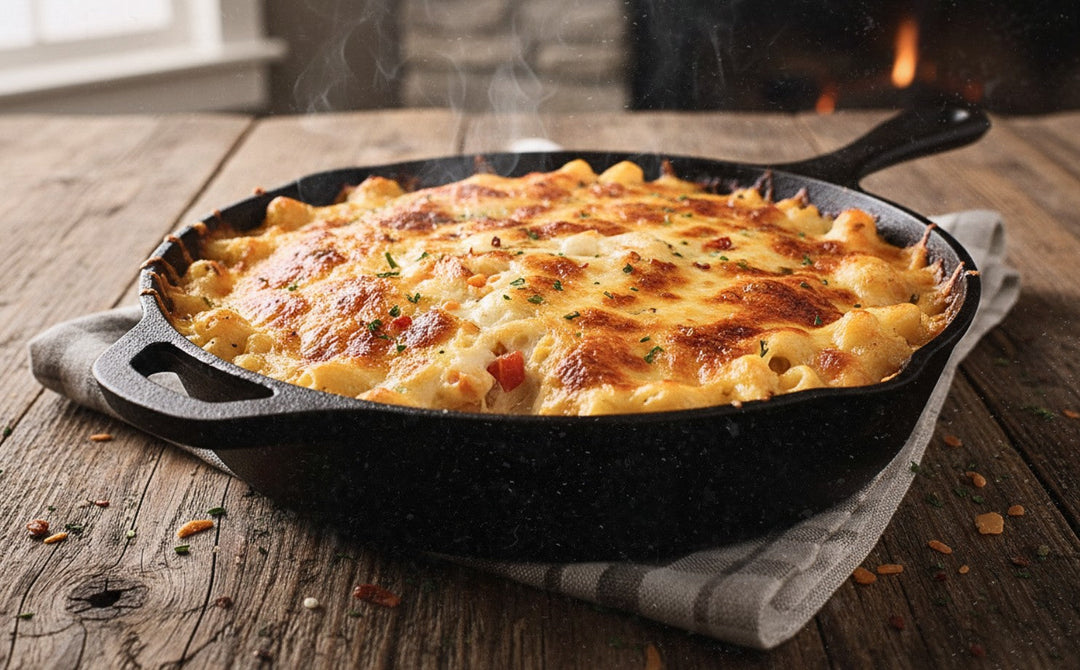 Creamy smoked mac and cheese baked in a cast iron skillet with browned melted cheese on top and smoke rising from the dish.