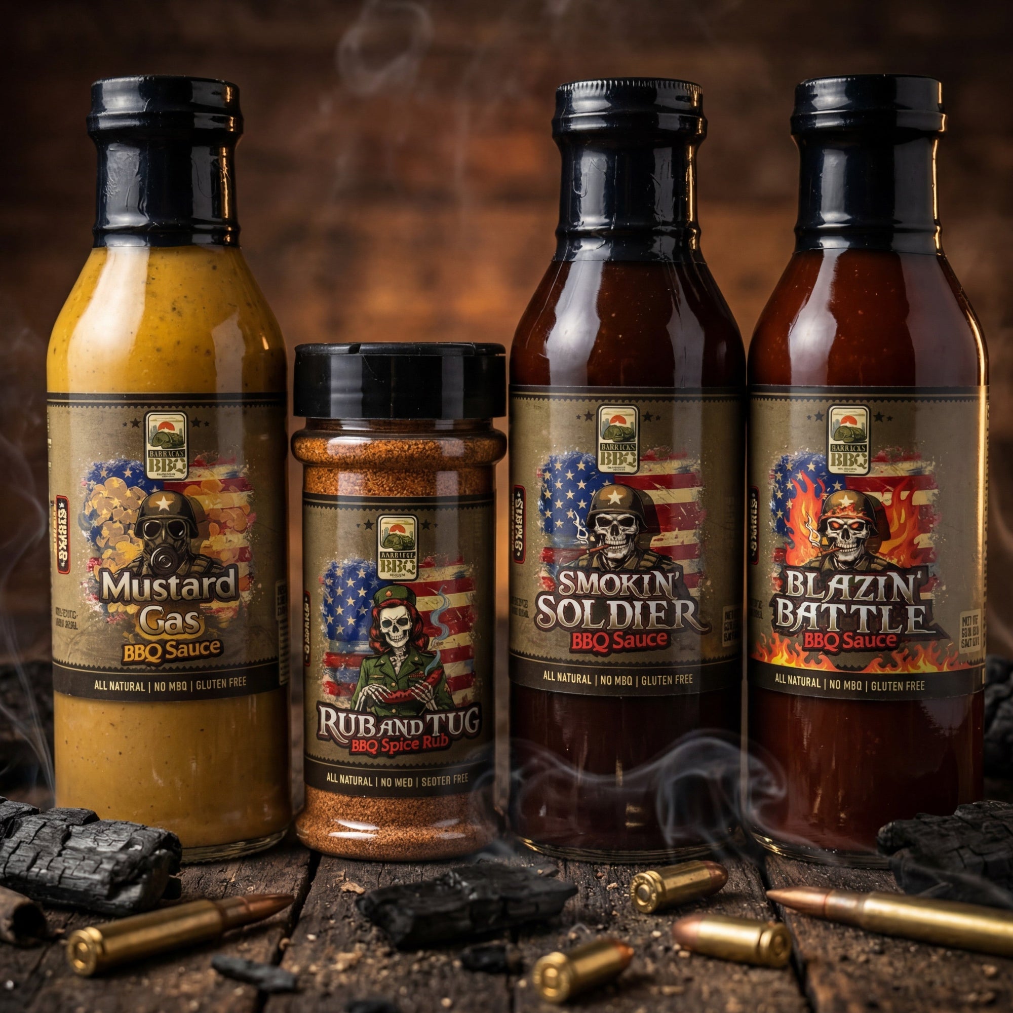 Full Deployment Bundle featuring Mustard Gas, Smokin’ Soldier, Blazin’ Battle BBQ sauces and Rub and Tug seasoning displayed together with rugged military-inspired labels
