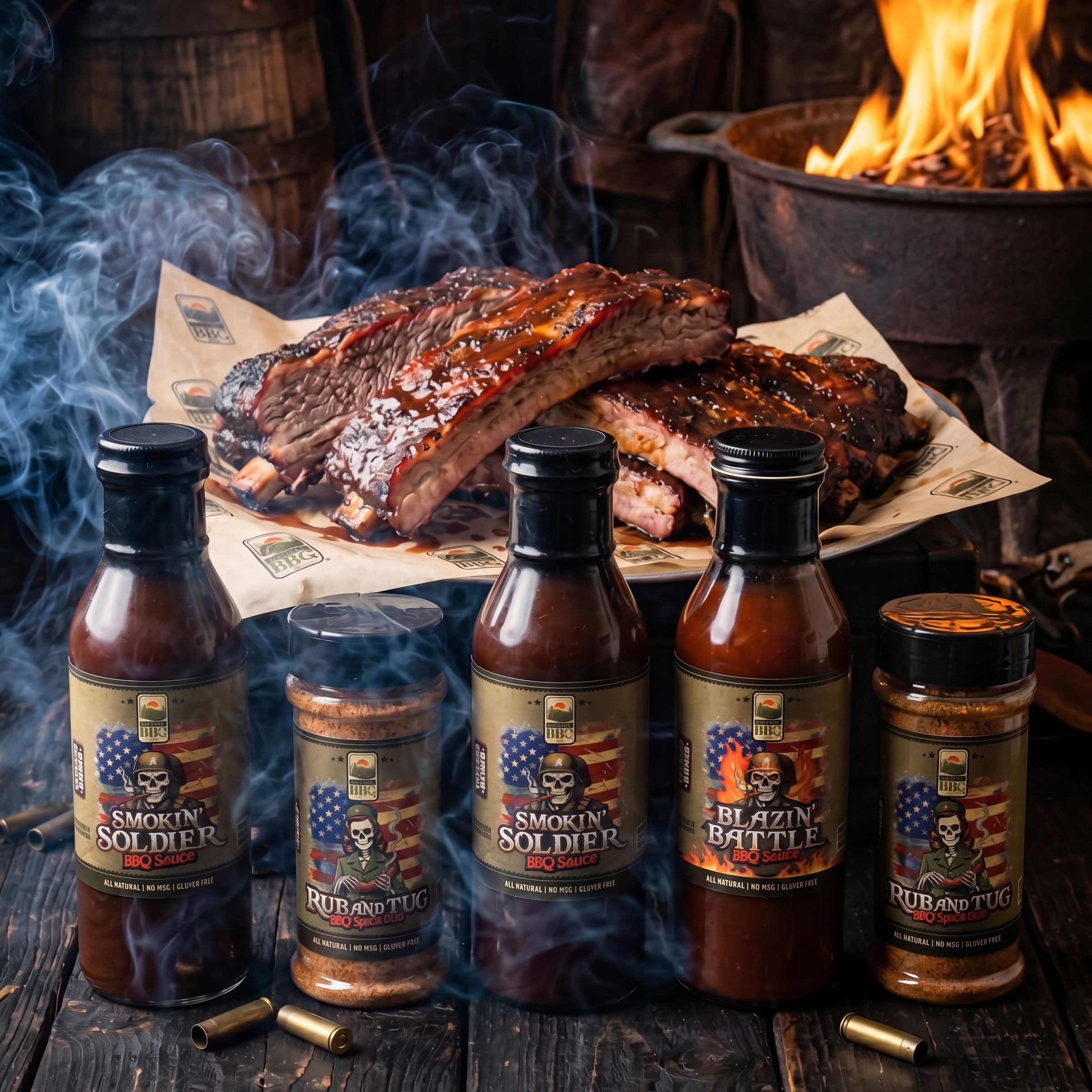 Barracks BBQ sauce and seasoning bundle lineup with smoky barbecue atmosphere featuring Smokin’ Soldier, Blazin’ Battle, and Rub & Tug products on rustic wood surface