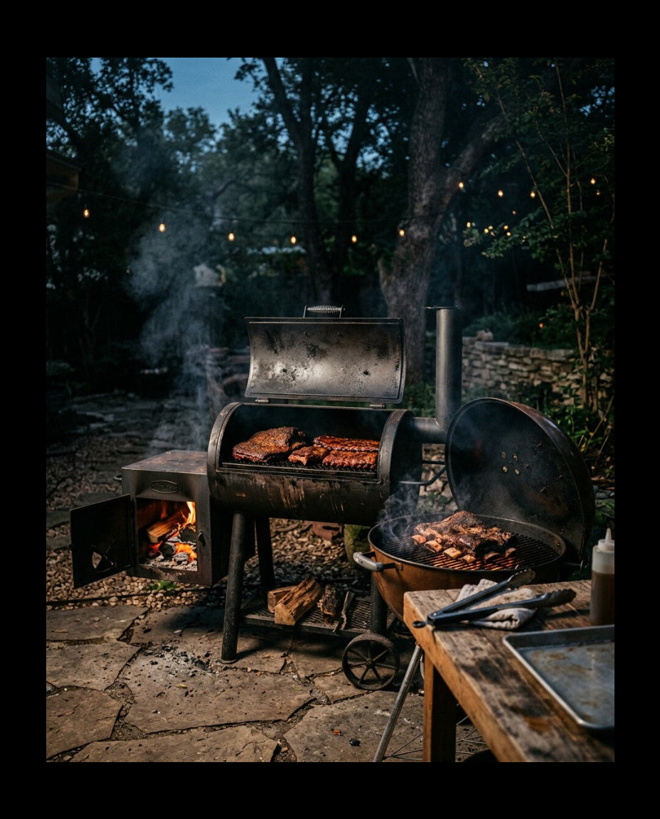 > Backyard smoker and grill cooking barbecue with smoke and fire in rustic outdoor setting for Barracks BBQ brand story image