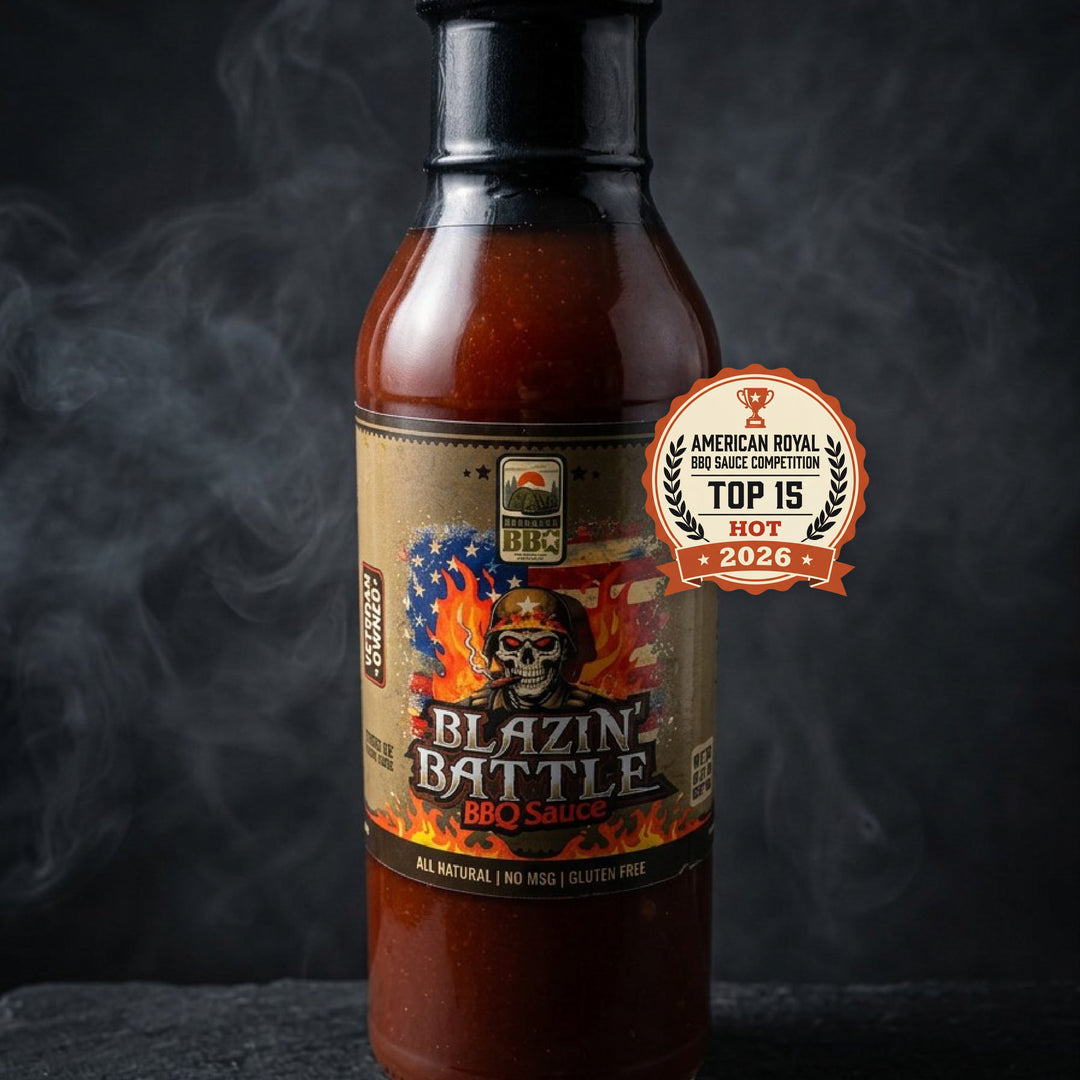 Blazin’ Battle spicy BBQ sauce bottle featuring American Royal BBQ Sauce Competition Top 15 Hot 2026 award badge on dark smoky background