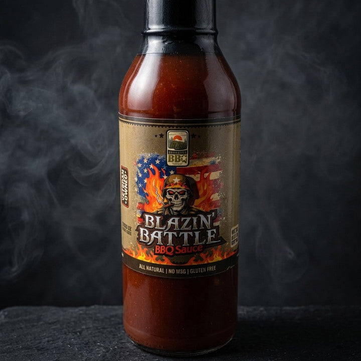 Blazin’ Battle spicy chipotle BBQ sauce bottle by Barracks BBQ