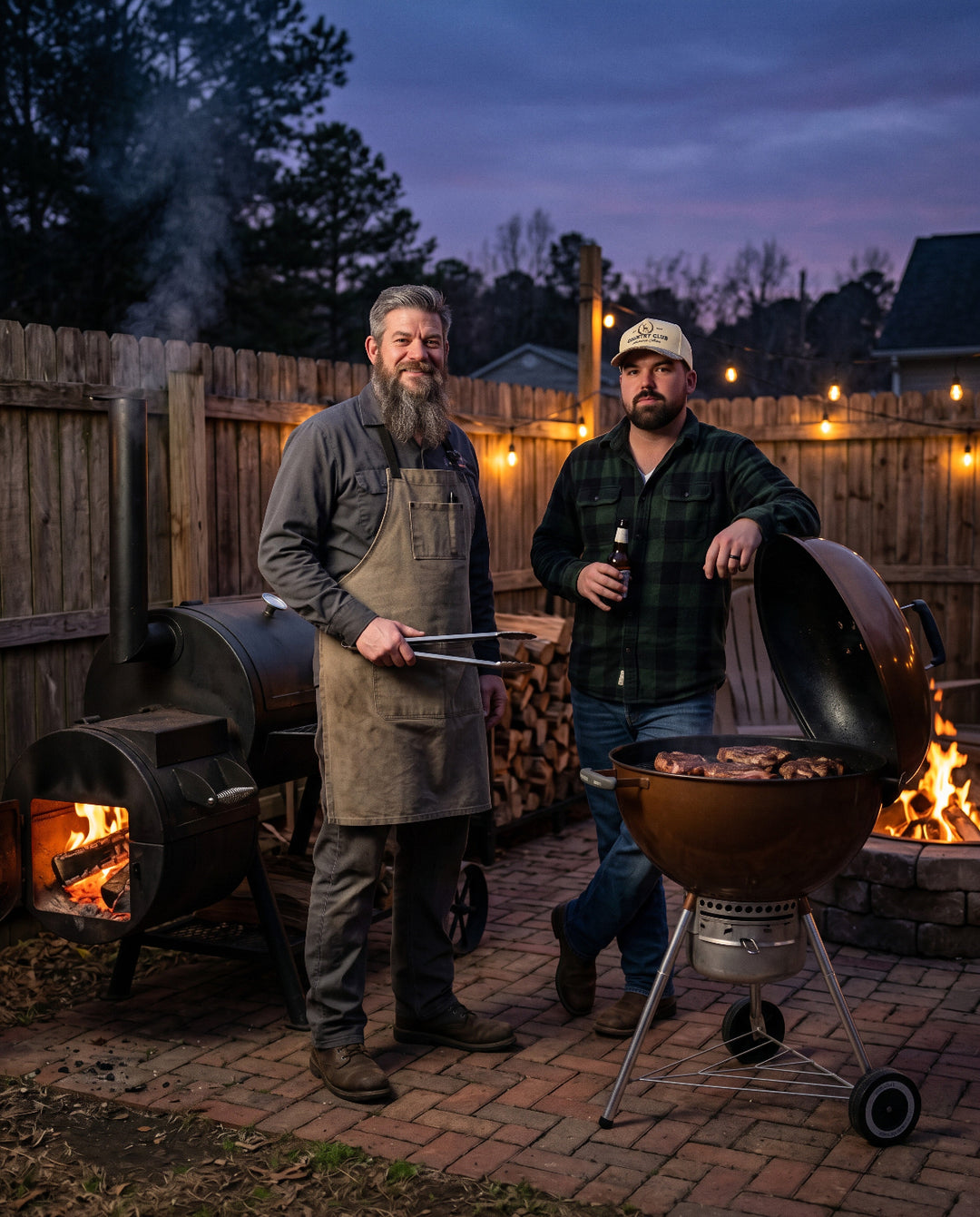 Tony and Chase, two veteran founders, grilling barbecue beside smoker and fire pit in backyard cooking setting for Barracks BBQ brand image