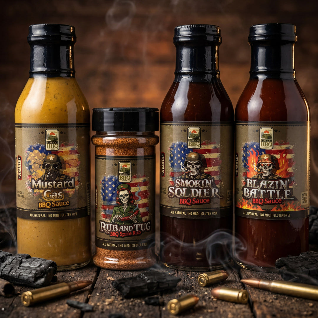 Full Deployment Bundle featuring Mustard Gas, Smokin’ Soldier, Blazin’ Battle BBQ sauces and Rub and Tug seasoning displayed together with rugged military-inspired labels