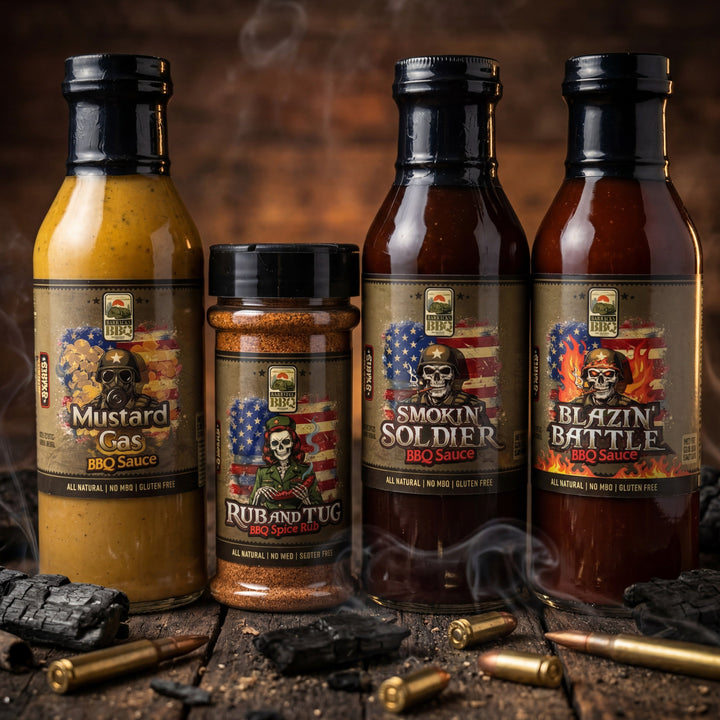 Full Deployment Bundle featuring Mustard Gas, Smokin’ Soldier, Blazin’ Battle BBQ sauces and Rub and Tug seasoning displayed together with rugged military-inspired labels