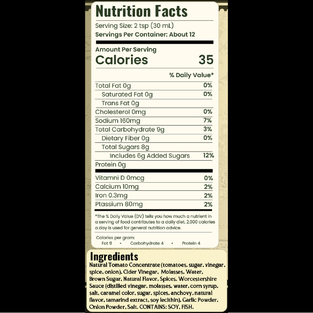 Nutrition facts label with serving size, calories, and ingredient list on a white background