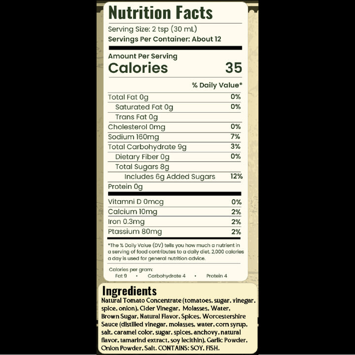 Nutrition facts label with serving size, calories, and ingredient list on a white background