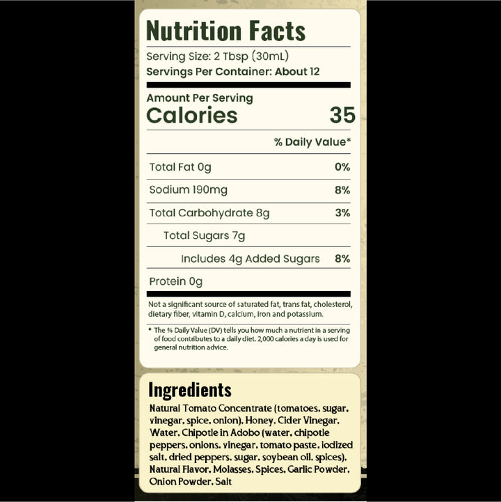 Nutrition facts label for a product with serving size, calories, and ingredient list.