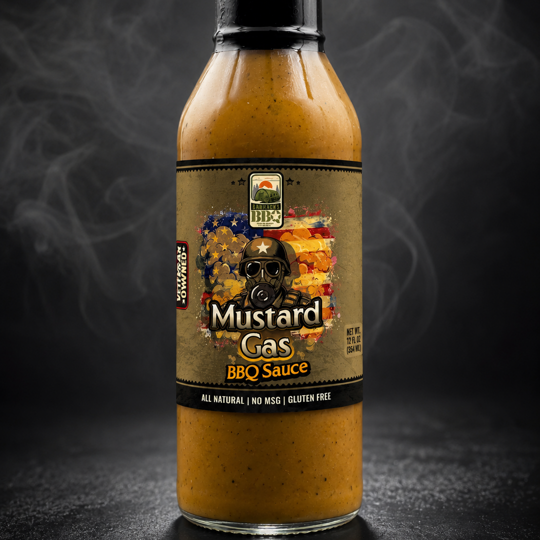 Bottle of Mustard Gas BBQ Sauce with a dark background