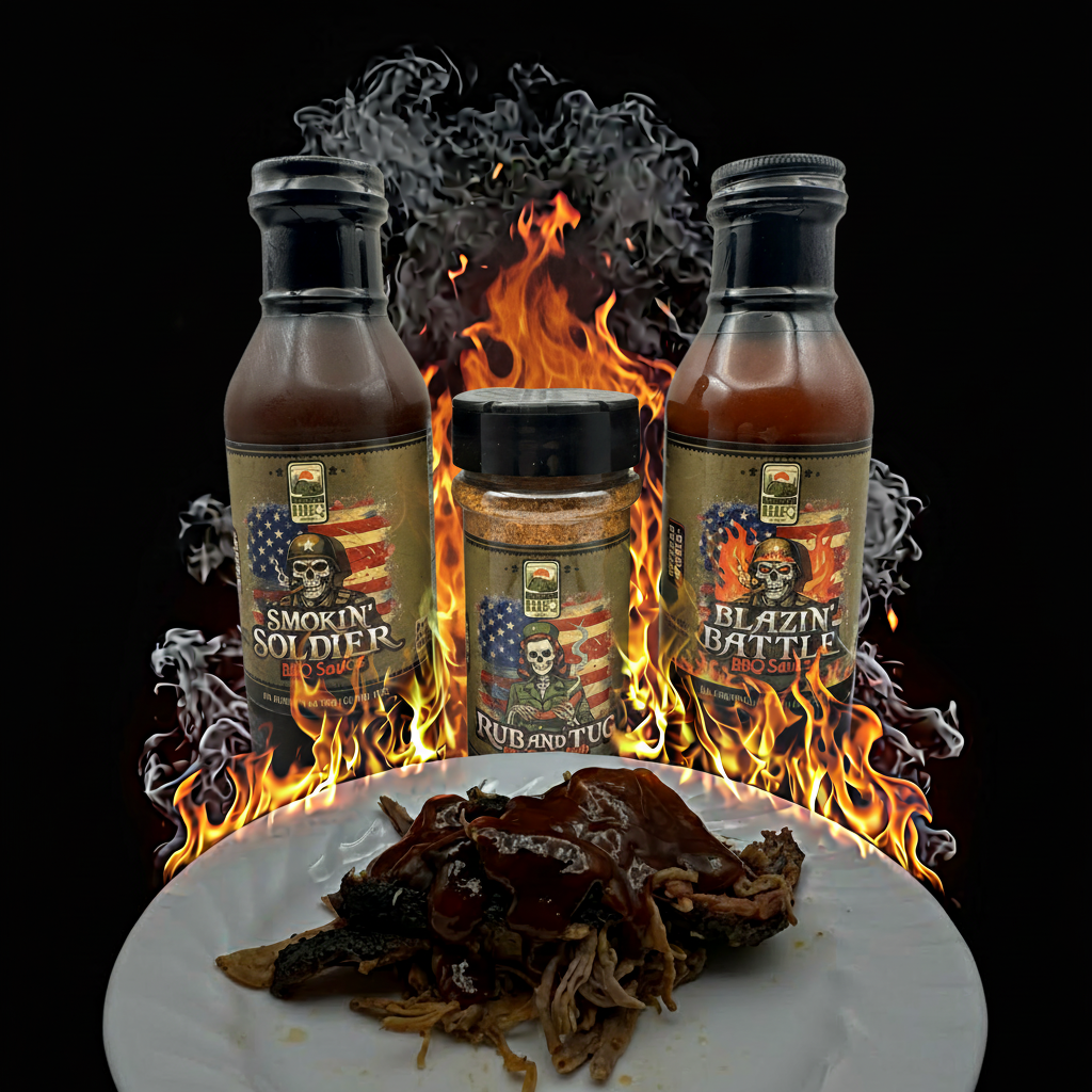 Barracks BBQ veteran-owned sauces Smokin' Soldier Blazin' Battle with Rub and Tug seasoning over pulled pork