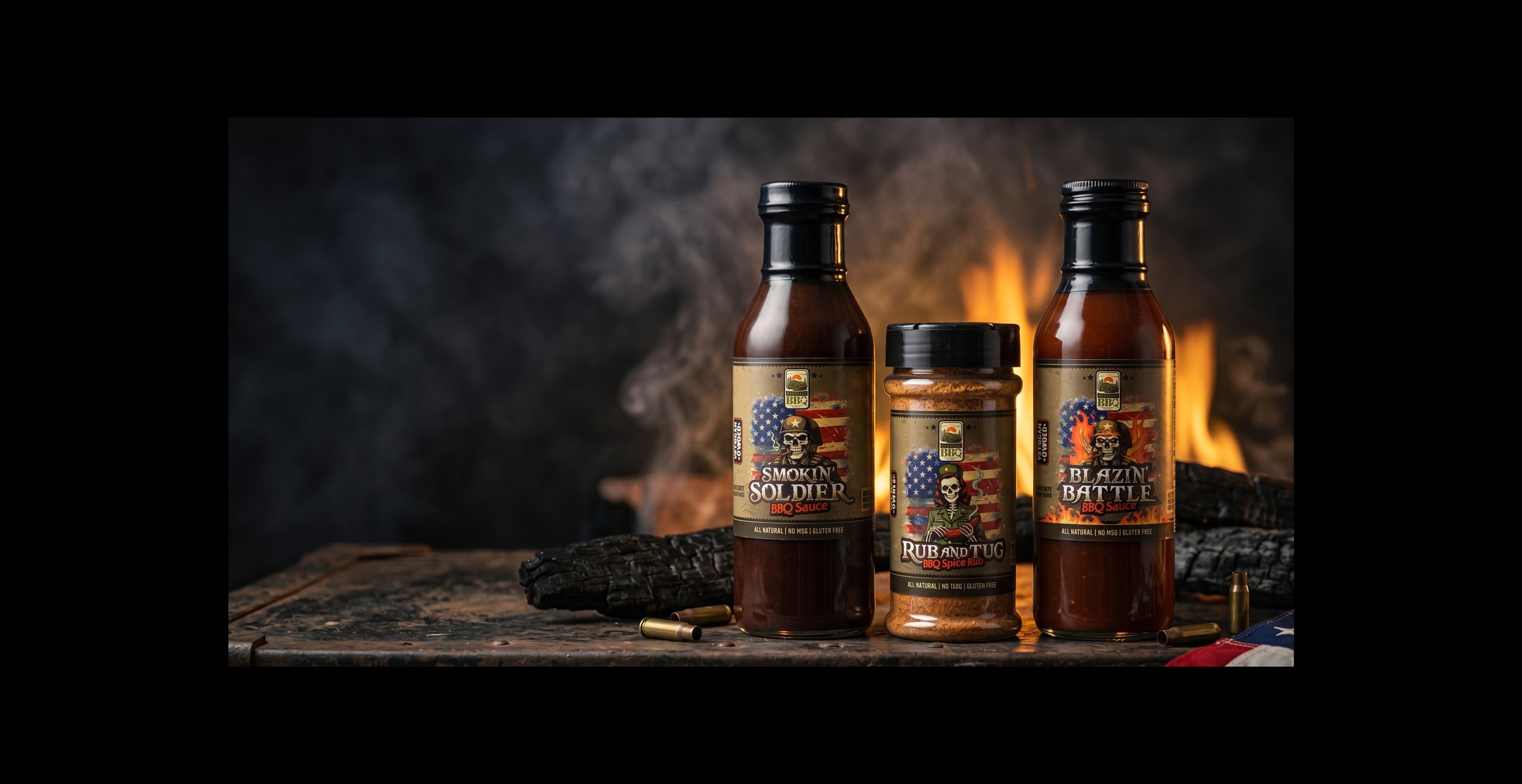 Barracks BBQ sauces and rubs staged with smoky BBQ atmosphere for smoked meats and backyard grilling