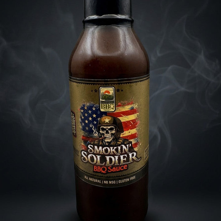 Smokin’ Soldier smoky BBQ sauce bottle by Barracks BBQ