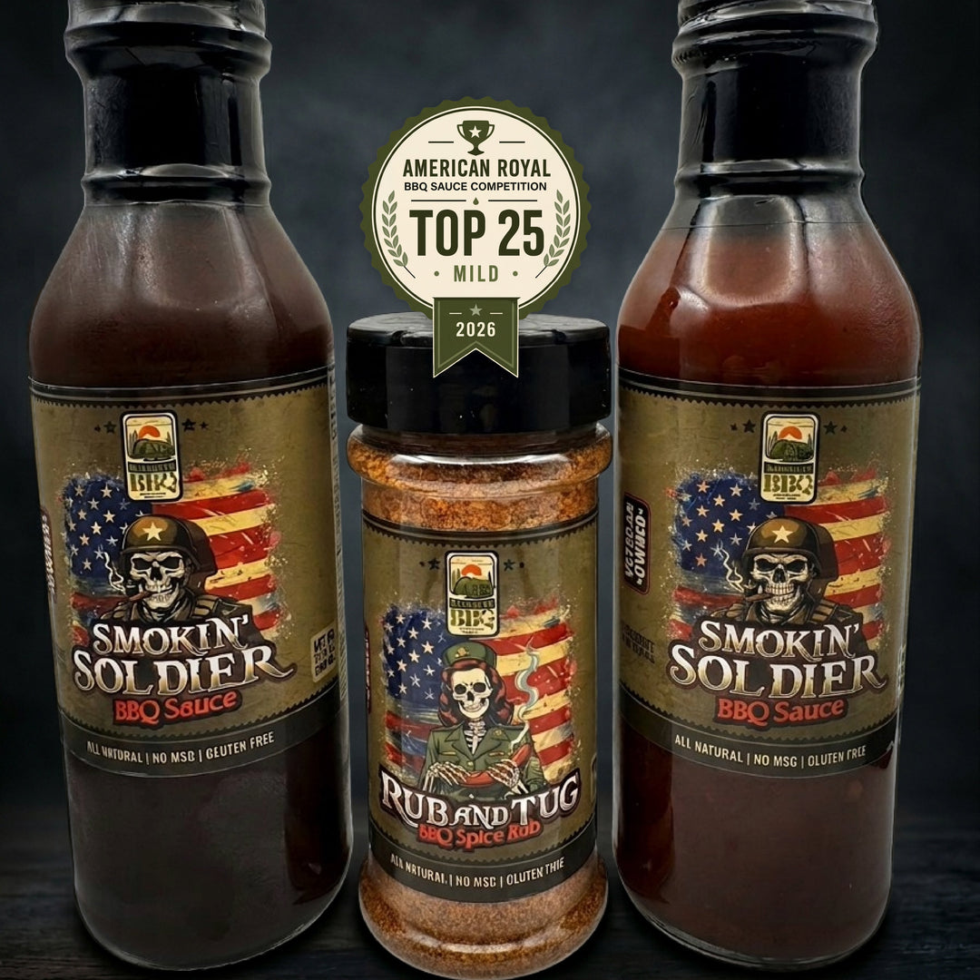 Three bottles of Smokin' Soldier BBQ Sauce and Rub on a dark background with a 'Top 25' award badge.