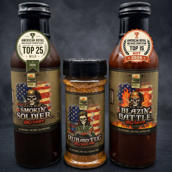Three bottles of American Royal BBQ products including sauce and rub on a dark background