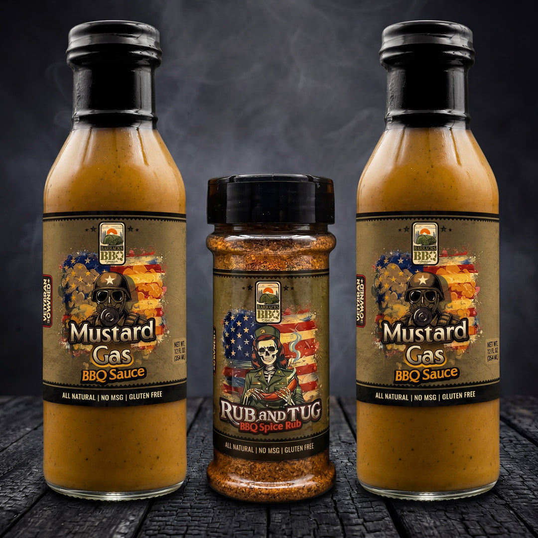 Mustard Gas BBQ sauce and one Rub and Tug seasoning.