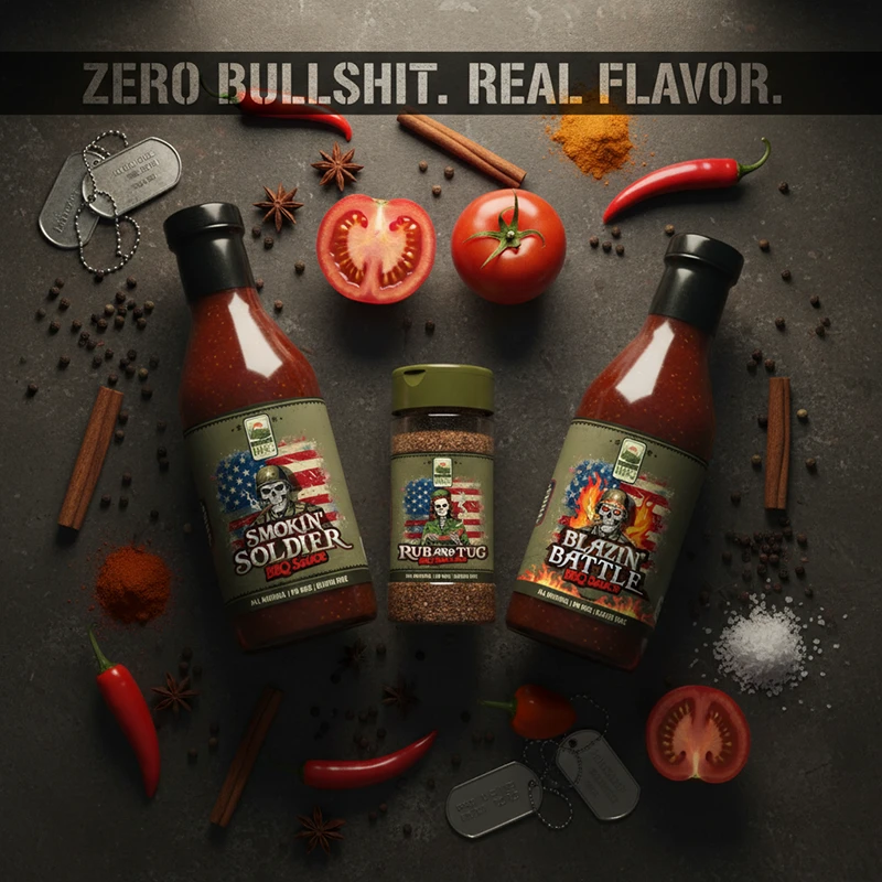 Zero Bullshit. Real Flavor. Barracks BBQ veteran-owned sauce bottles displaying military-style branding and authentic ingredients.